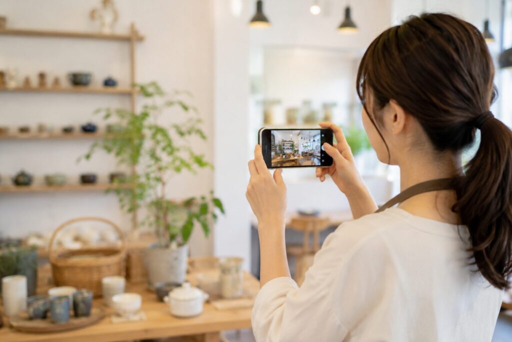 スマホで店内の写真を撮る女性の写真