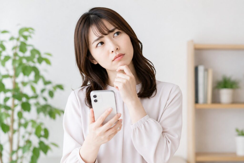 スマホを持って首をかしげる女性