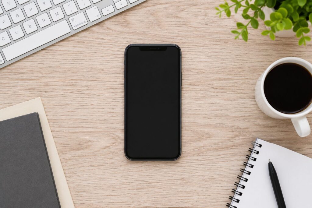 デスクに置かれたスマートフォンを真上から見る様子