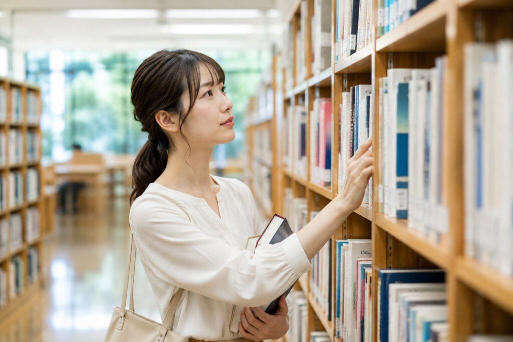 図書館で本を探す女性