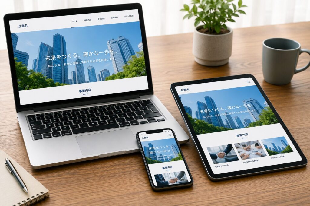 机に置かれたパソコンとスマホとタブレット