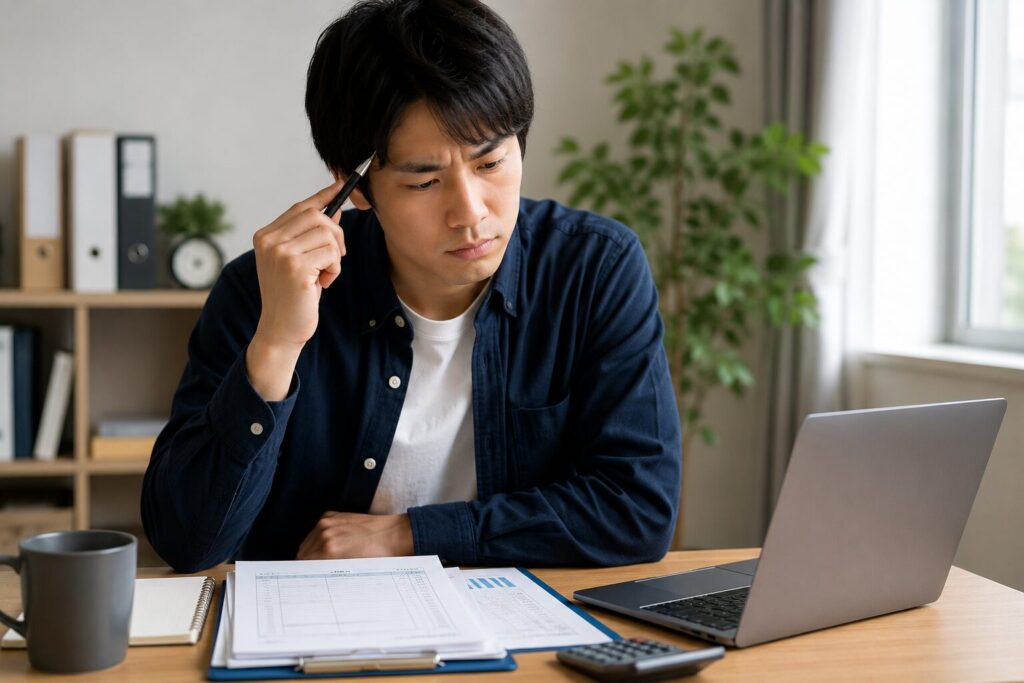 筆記用具を持ち、悩む個人事業主