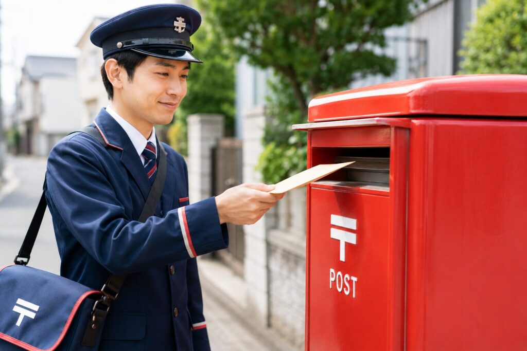 郵便配達員と赤色のポスト