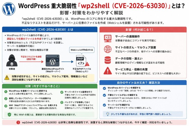 【緊急】WordPress重大脆弱性「wp2shell（CVE-2026-63030）」とは？影響・対策をわかりやすく解説