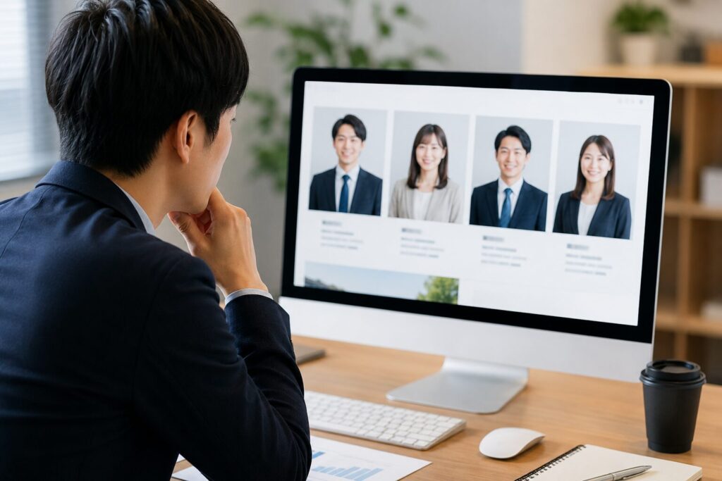 ホームページを見ながら退職した社員の写真が残っていることに気付く担当者
