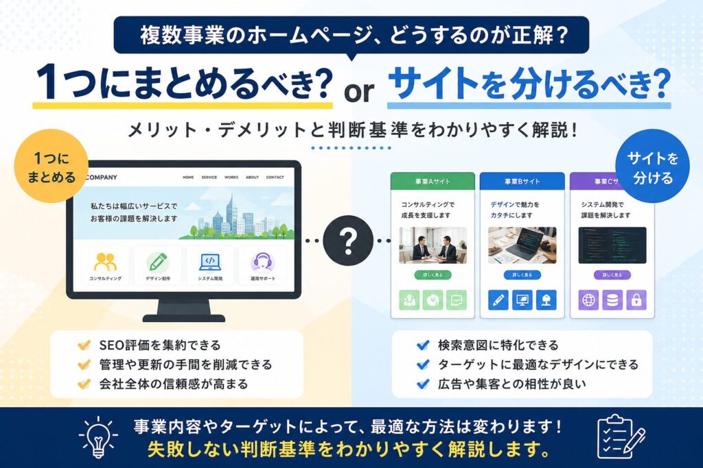複数事業を1つのホームページにまとめる？サイトを分ける？失敗しない判断基準を解説