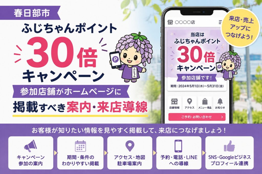 春日部市「ふじちゃんポイント30倍キャンペーン」参加店舗がホームページに掲載すべき案内・来店導線