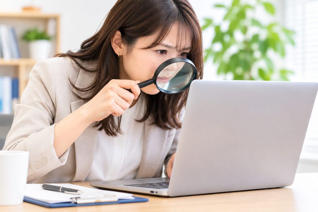 虫眼鏡を使ってパソコンの画面を覗く女性